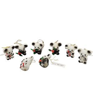 Vtg Lot of 8 East West Black White Flocked Mini Teddy Bear Christmas Ornament 2"